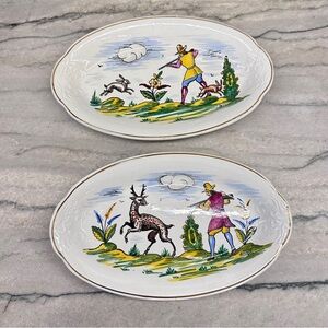 Pair Ceramic MCM Oval Ibero Tangra de Santander Spain Hunting Scene Dishes COOL!